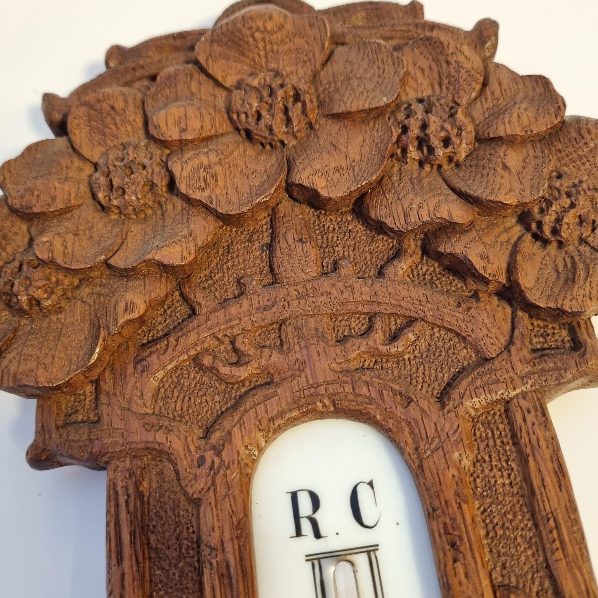 Mid-Century Wall Barometer – Hand-Carved Wood, Carl Marcus Hamburg, Germany 1950s with detailed floral woodwork