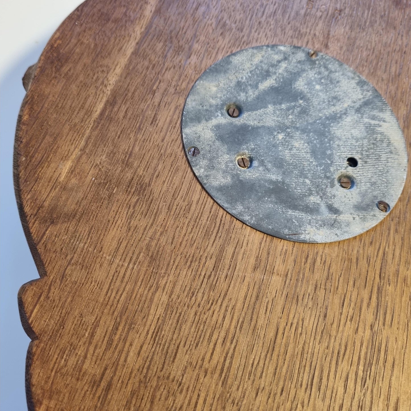 Mid-Century Wall Barometer – Hand-Carved Wood, Carl Marcus Hamburg, Germany 1950s showing wood grain and aged metal dial plate detail