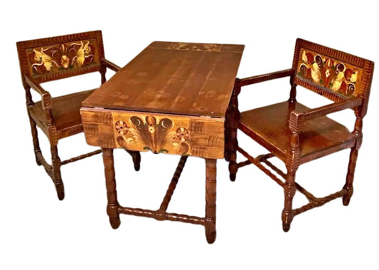 Antique Swedish Drop-Leaf Dining Set: Hand-Painted Kurbits Folk Art, Circa 1900