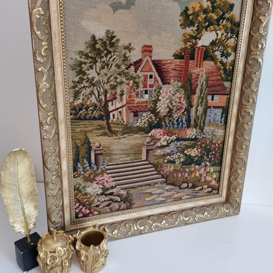Antique Wool Needlepoint Tapestry in Gilded Baroque Frame - Victorian Cottage Scene