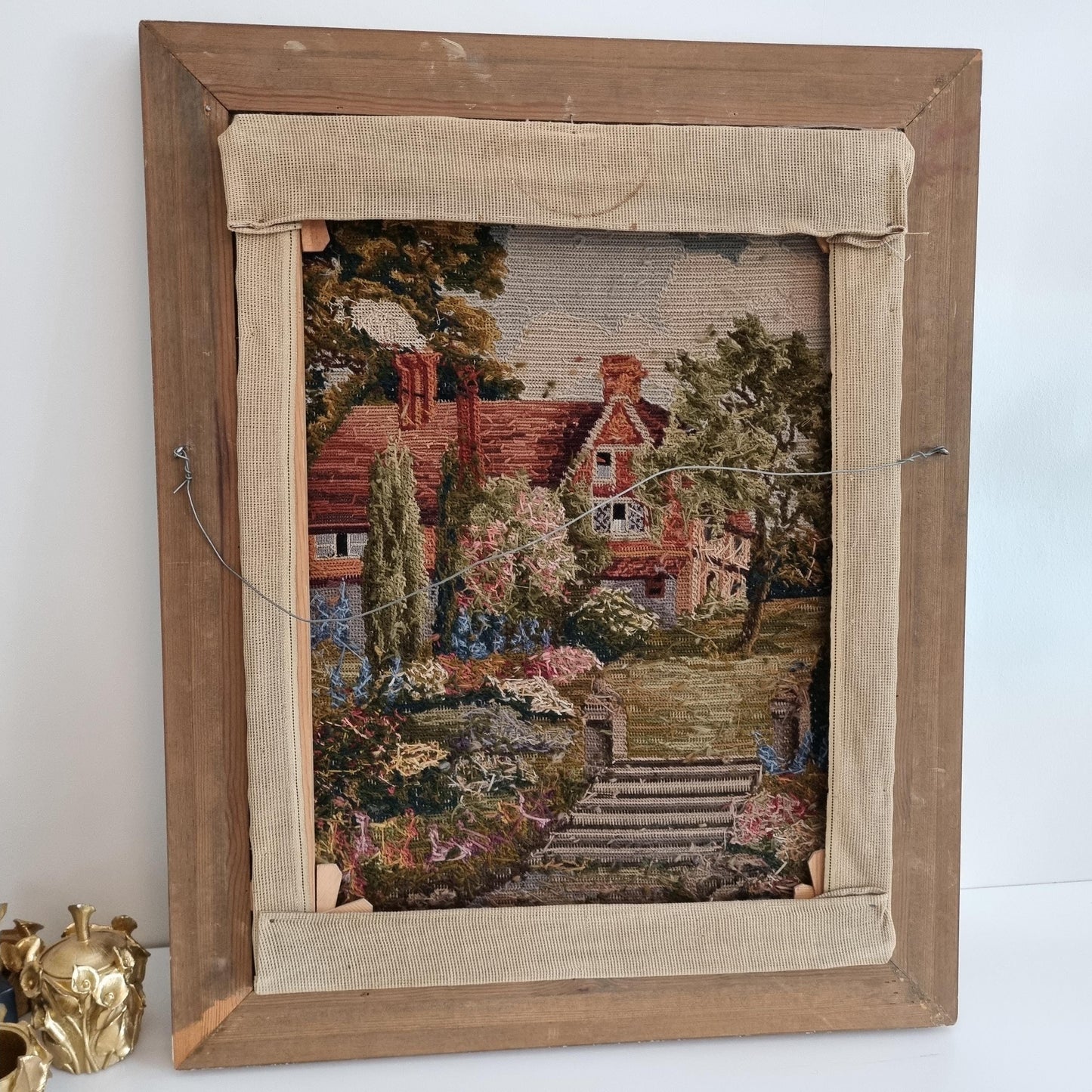 Antique Wool Needlepoint Tapestry in Gilded Baroque Frame - Victorian Cottage Scene