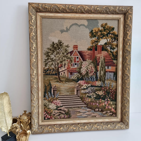 Antique Wool Needlepoint Tapestry in Gilded Baroque Frame - Victorian Cottage Scene