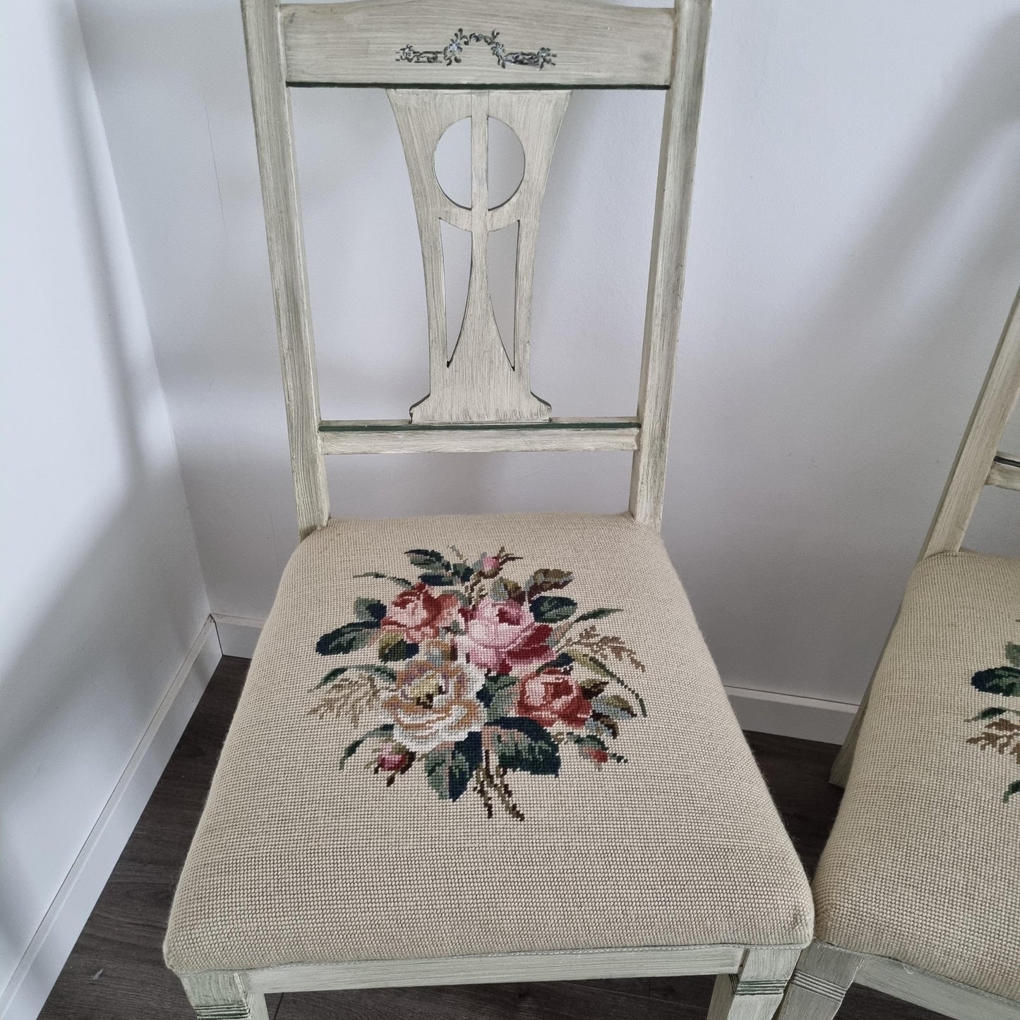 Vintage Chair – 1920s Swedish Painted Wood with Floral Needlepoint Upholstery | 1 or Pair Available