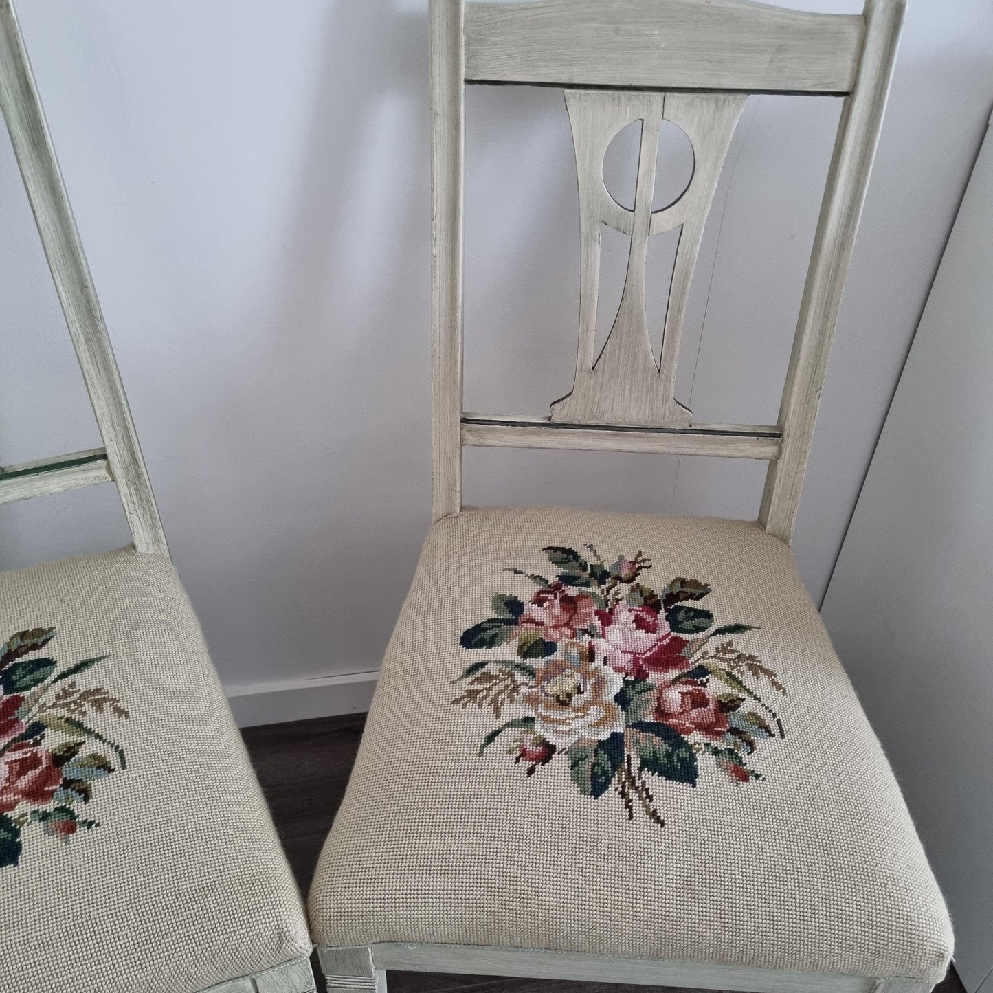 Vintage Chair – 1920s Swedish Painted Wood with Floral Needlepoint Upholstery | 1 or Pair Available