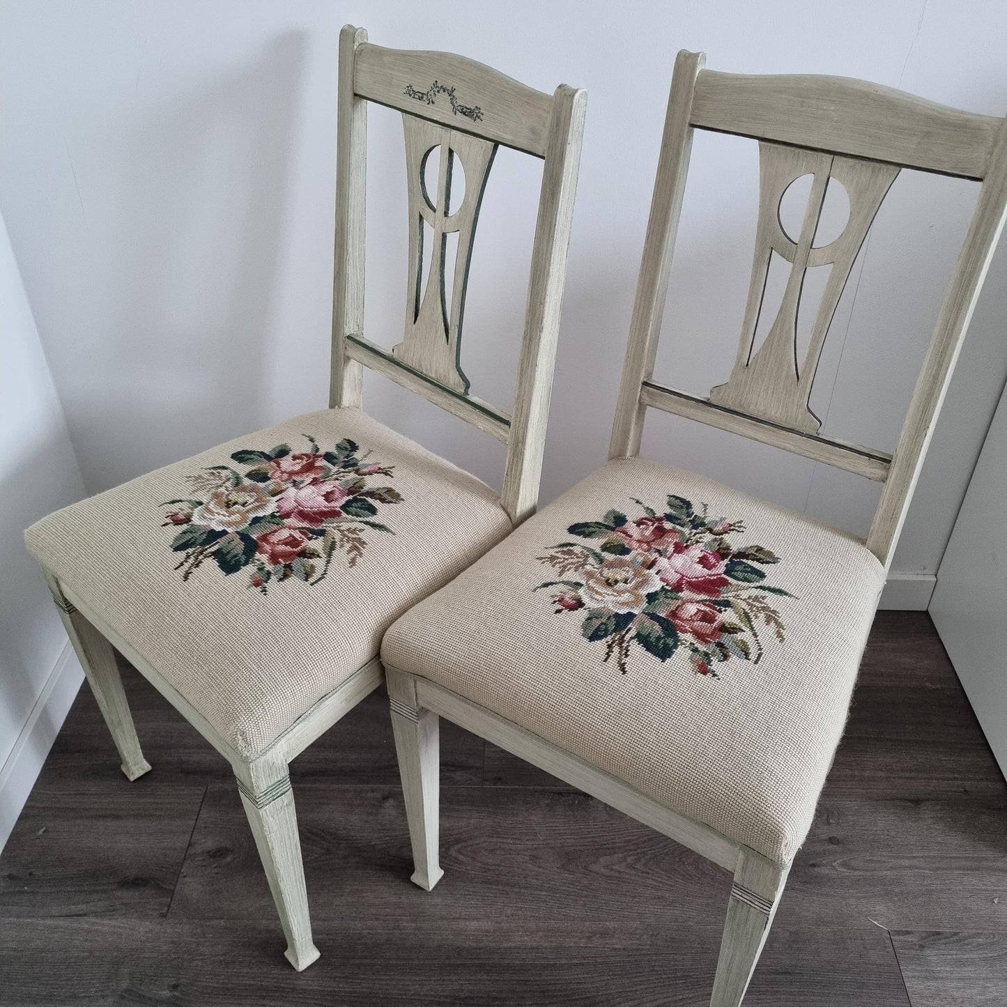 Vintage Chair – 1920s Swedish Painted Wood with Floral Needlepoint Upholstery | 1 or Pair Available