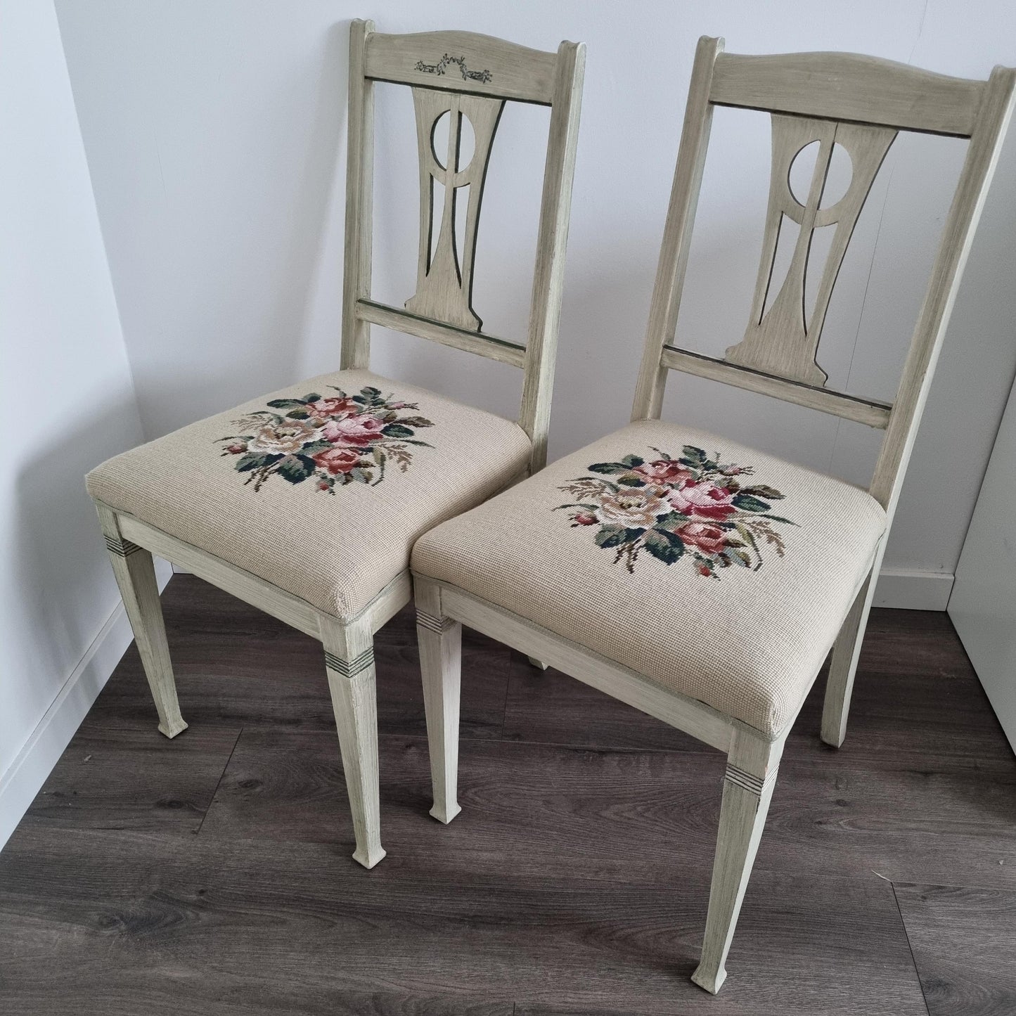 Vintage Chair – 1920s Swedish Painted Wood with Floral Needlepoint Upholstery | 1 or Pair Available