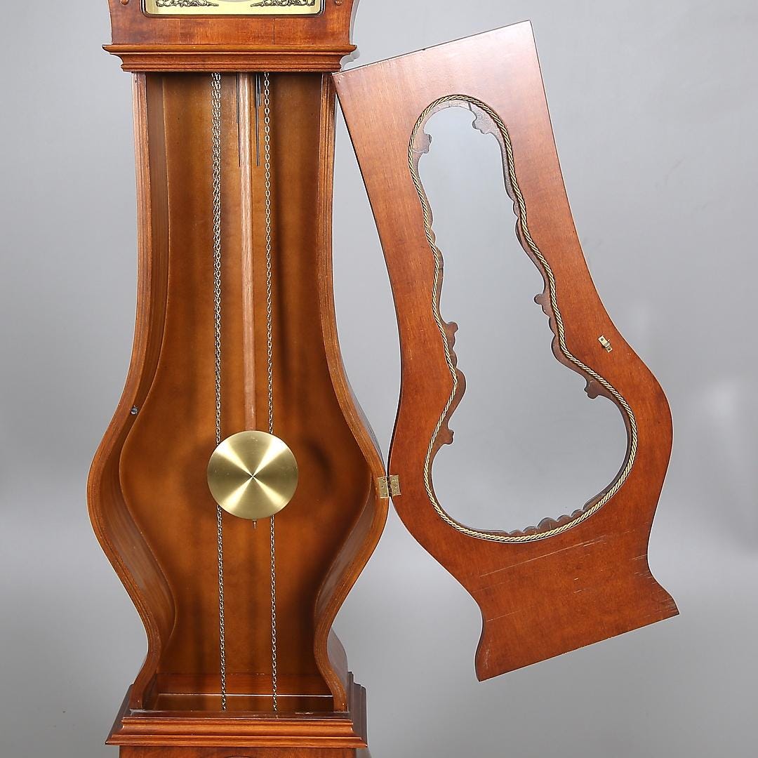 Grandfather Clock ,Elegant Vintage Floor Clock with wooden case open showing brass pendulum and chains inside
