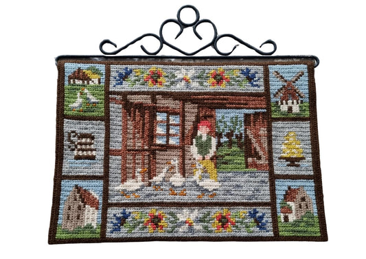 Vintage Swedish Wall Hanging – Embroidered Folk Art with Nils Holgersson Motif, Nordic Boho Decor