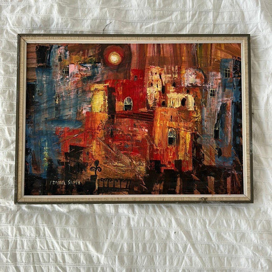 Abstract Cityscape ,Original Watercolor by Ismail Samy , Signed , Vintage Egyptian Art for Collectors