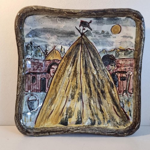 Signed Mid-Century Scandinavian Pottery Wall Plate: Hand-Painted Rural Scene