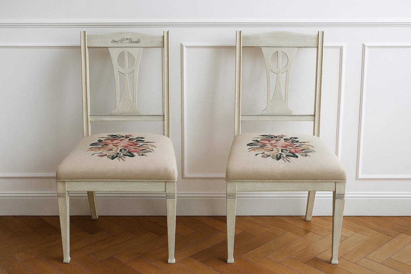 Vintage Chair – 1920s Swedish Painted Wood with Floral Needlepoint Upholstery | 1 or Pair Available
