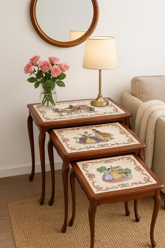 Rococo Nesting Tables: Hand-Painted Ceramic Tiles, 1960s Swedish Design