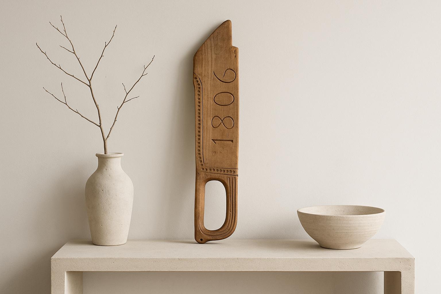 Antique Hand-Carved Butter Paddle: 1806 Scandinavian Folk Art Decor displayed with minimalist ceramic vase and bowl.