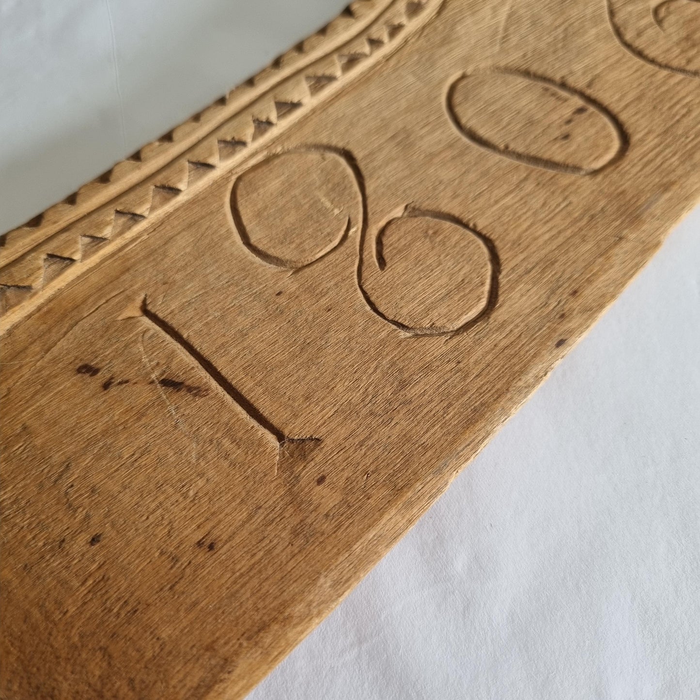 Antique Hand-Carved Butter Paddle: 1806 Scandinavian Folk Art Decor showing detailed hand-carved 1806 date on wood surface