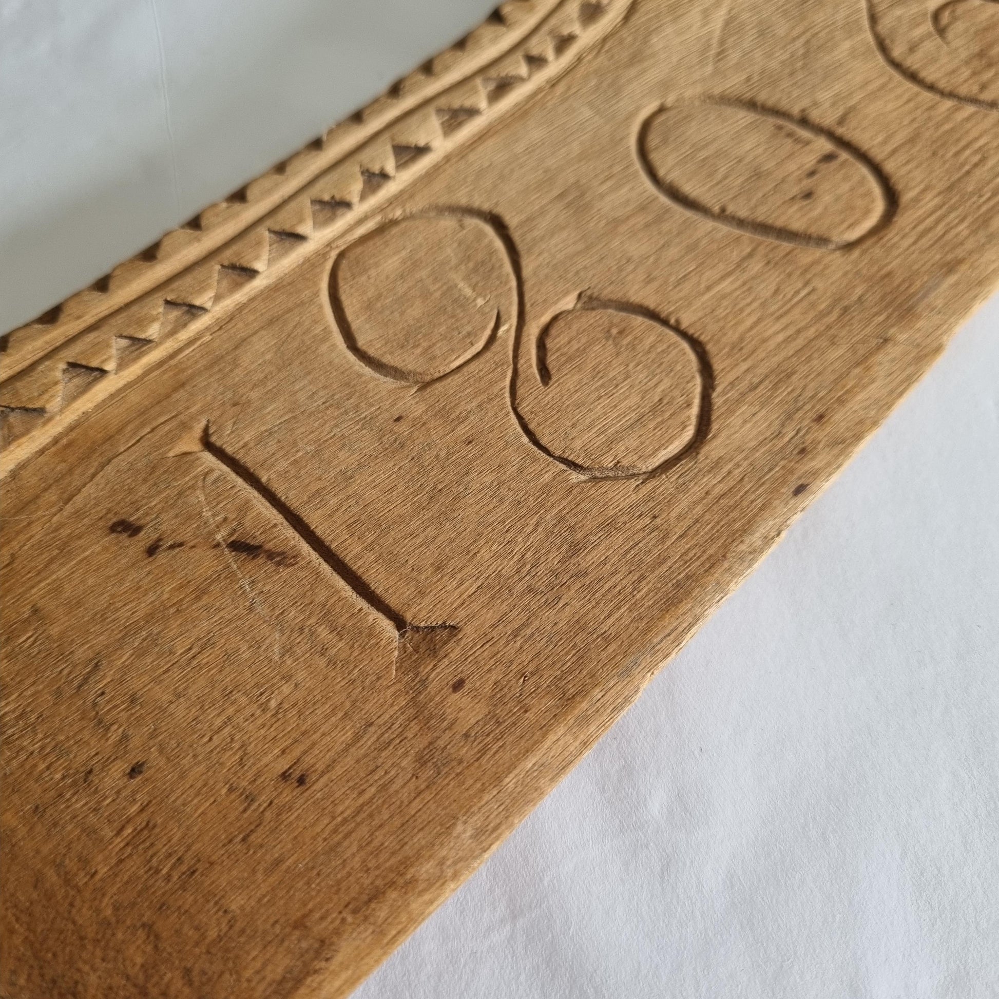 Antique Hand-Carved Butter Paddle: 1806 Scandinavian Folk Art Decor showing detailed hand-carved 1806 date on wood surface