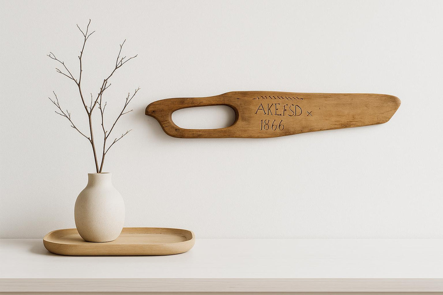 Antique Hand-Carved Butter Paddle 1866 - Scandinavian Folk Art displayed above a wooden tray with a vase and bare twigs.