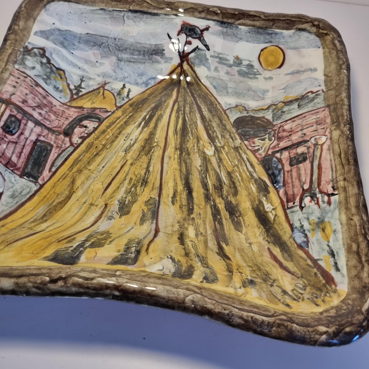 Signed Mid-Century Scandinavian Pottery Wall Plate: Hand-Painted Rural Scene