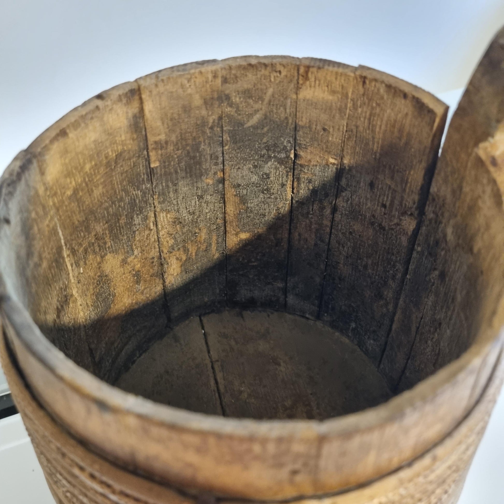 Inside view of Antique Swedish Wooden Stånka: 19th Century Folk Art Dairy Jug showing aged rustic wood craftsmanship