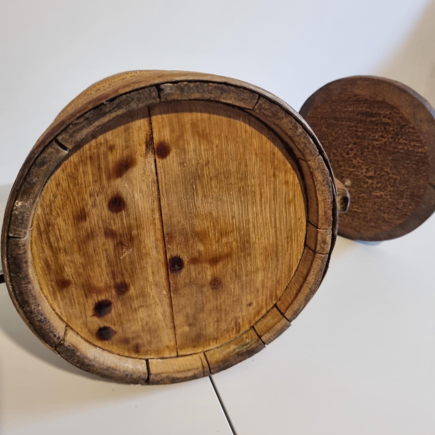 Antique Swedish Wooden Stånka: 19th Century Folk Art Dairy Jug viewed from the bottom showing aged wood grain.