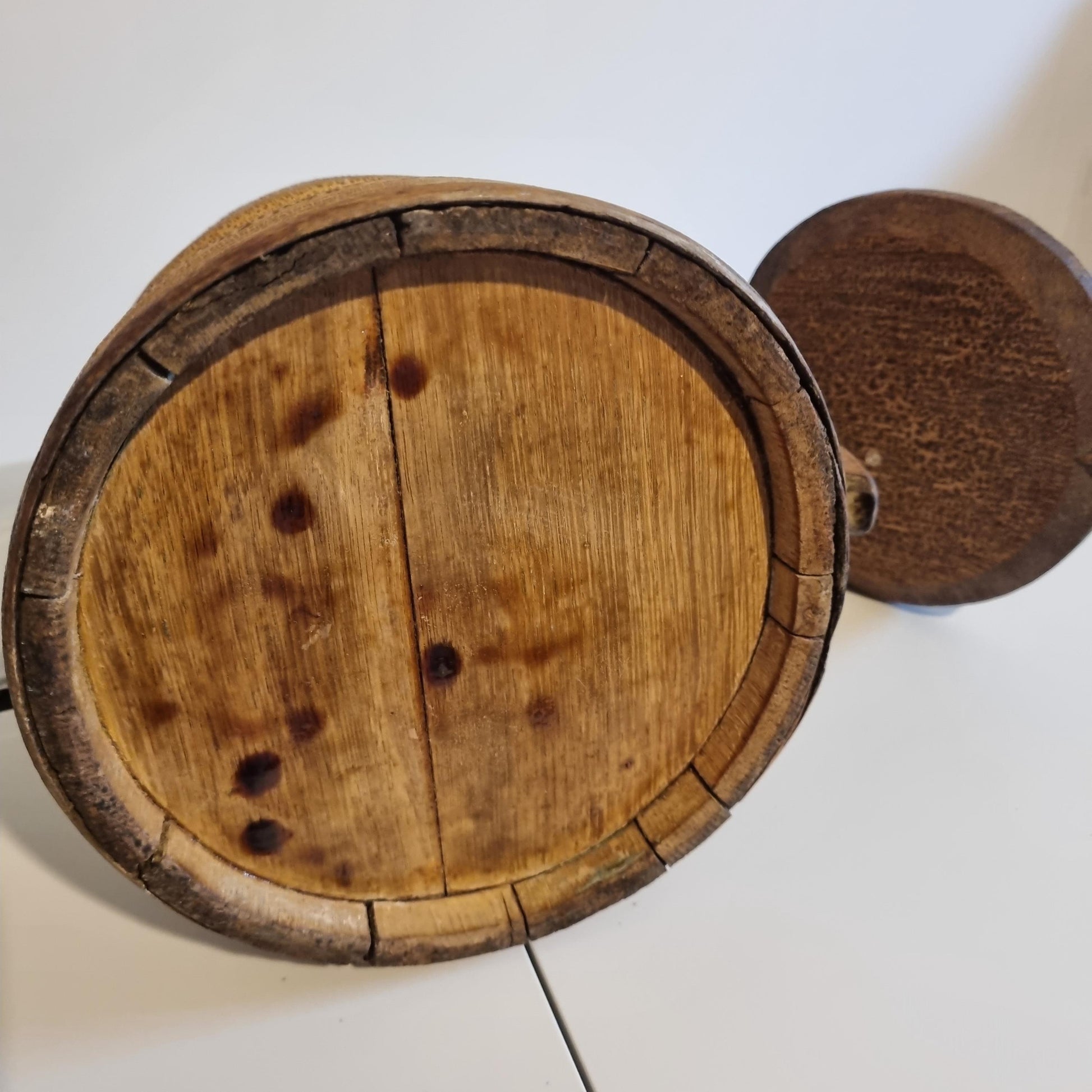 Antique Swedish Wooden Stånka: 19th Century Folk Art Dairy Jug viewed from the bottom showing aged wood grain.