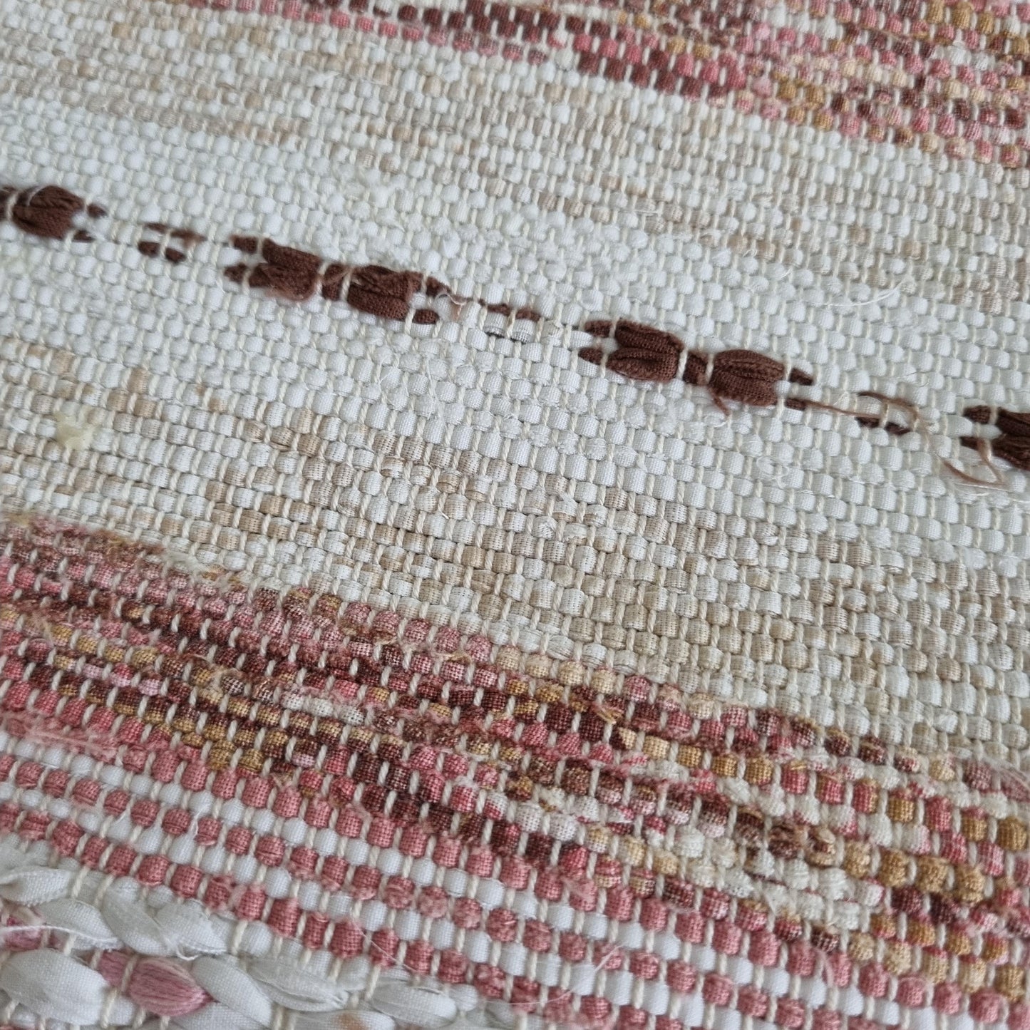 Close-up of handwoven texture in soft earthy tones on Handwoven Swedish Table Runner: Scandi Boho Pastel Decor Rug