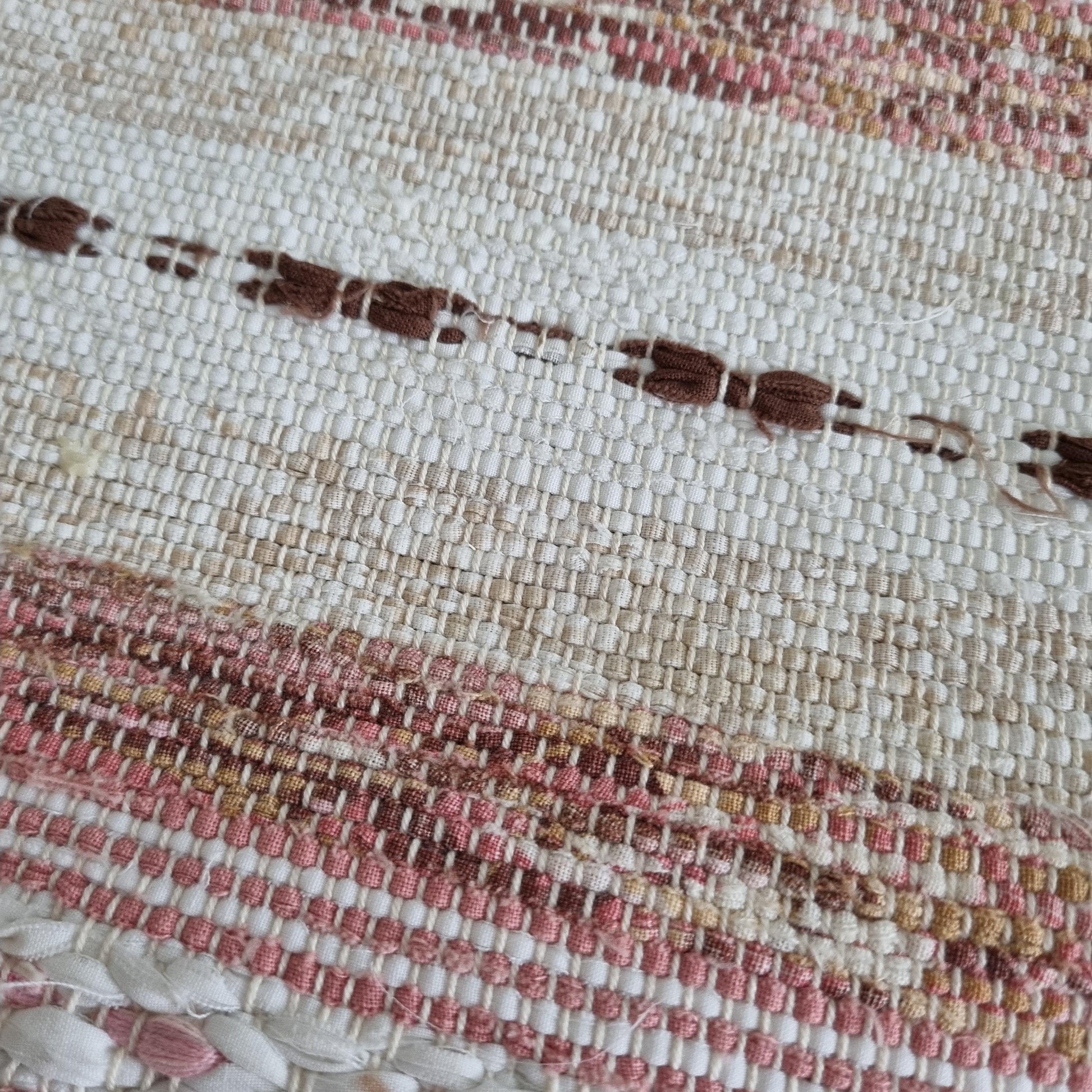 Close-up of handwoven texture in soft earthy tones on Handwoven Swedish Table Runner: Scandi Boho Pastel Decor Rug