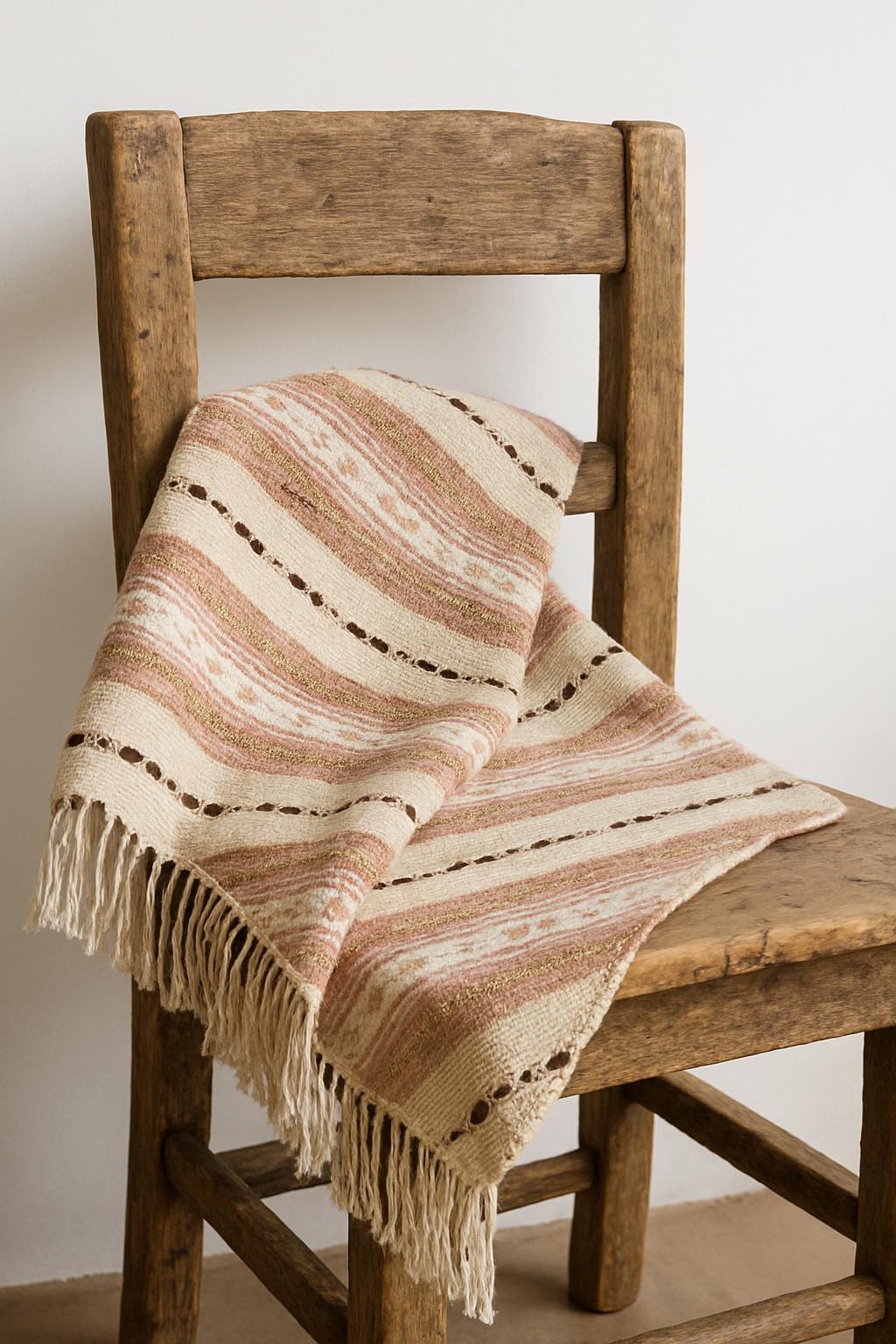 Handwoven Swedish Table Runner: Scandi Boho Pastel Decor Rug draped over rustic wooden chair with fringe edges.