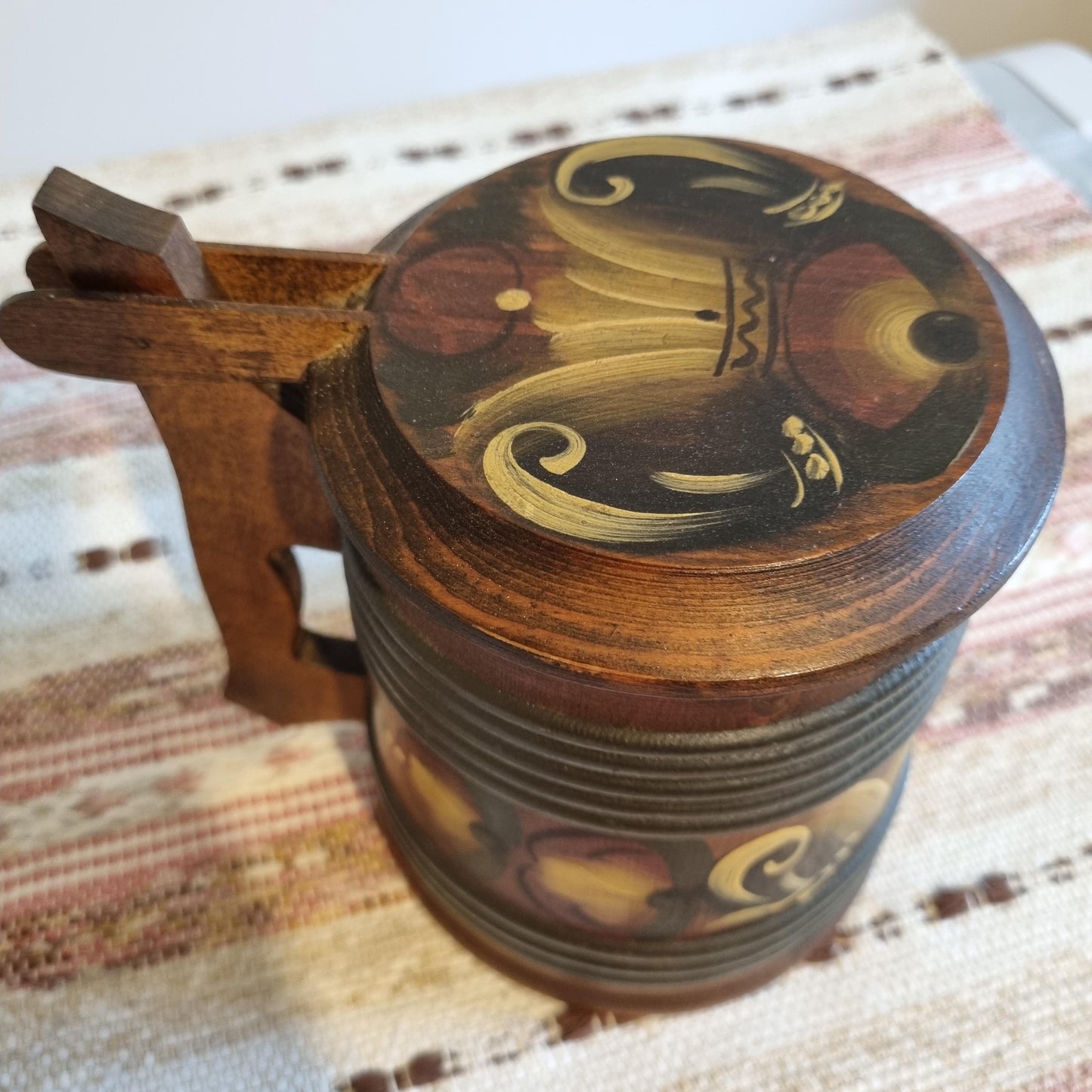 Vintage Hand Painted Rosemåling Mug: Swedish Folk Art Wooden Beer Stein