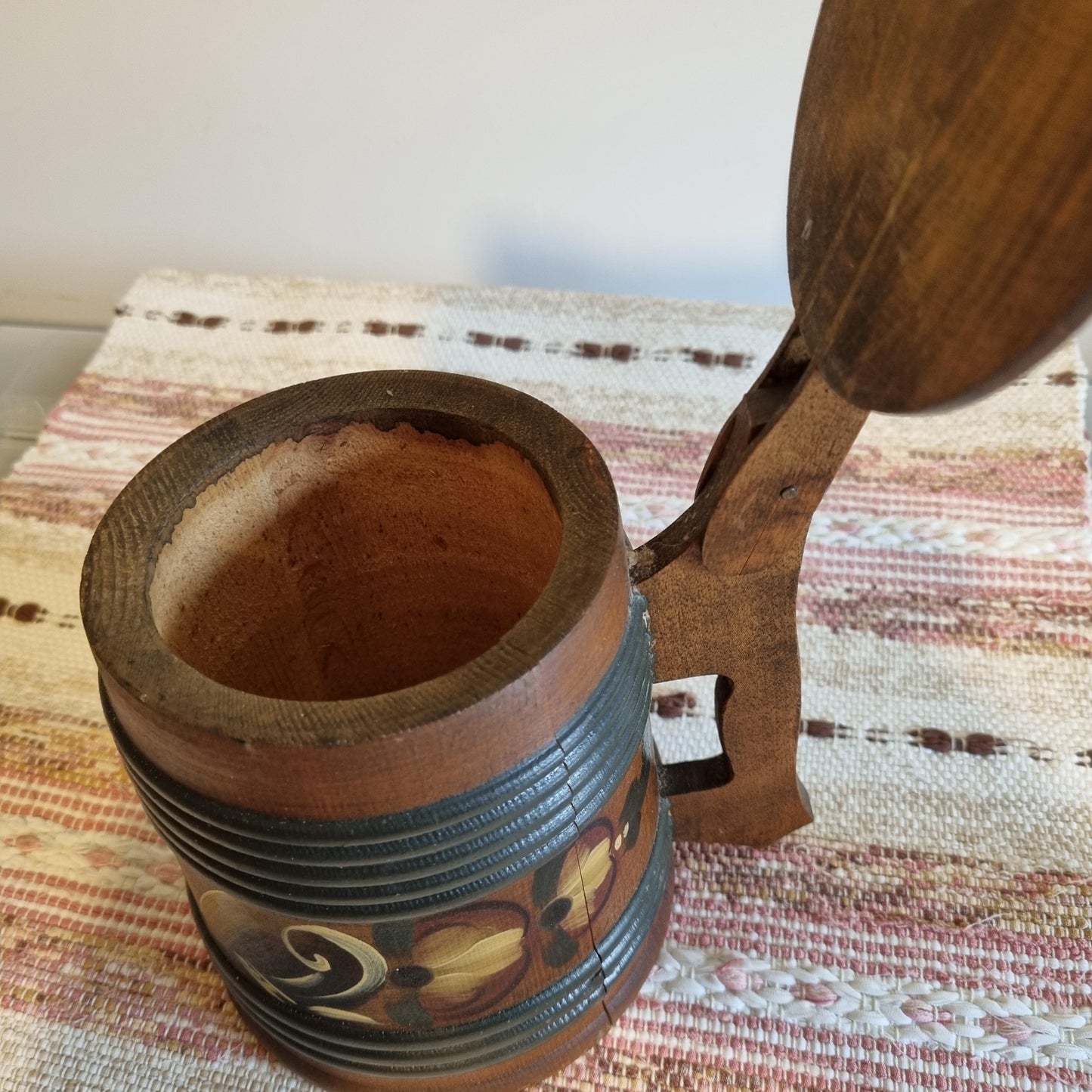 Vintage Hand Painted Rosemåling Mug: Swedish Folk Art Wooden Beer Stein