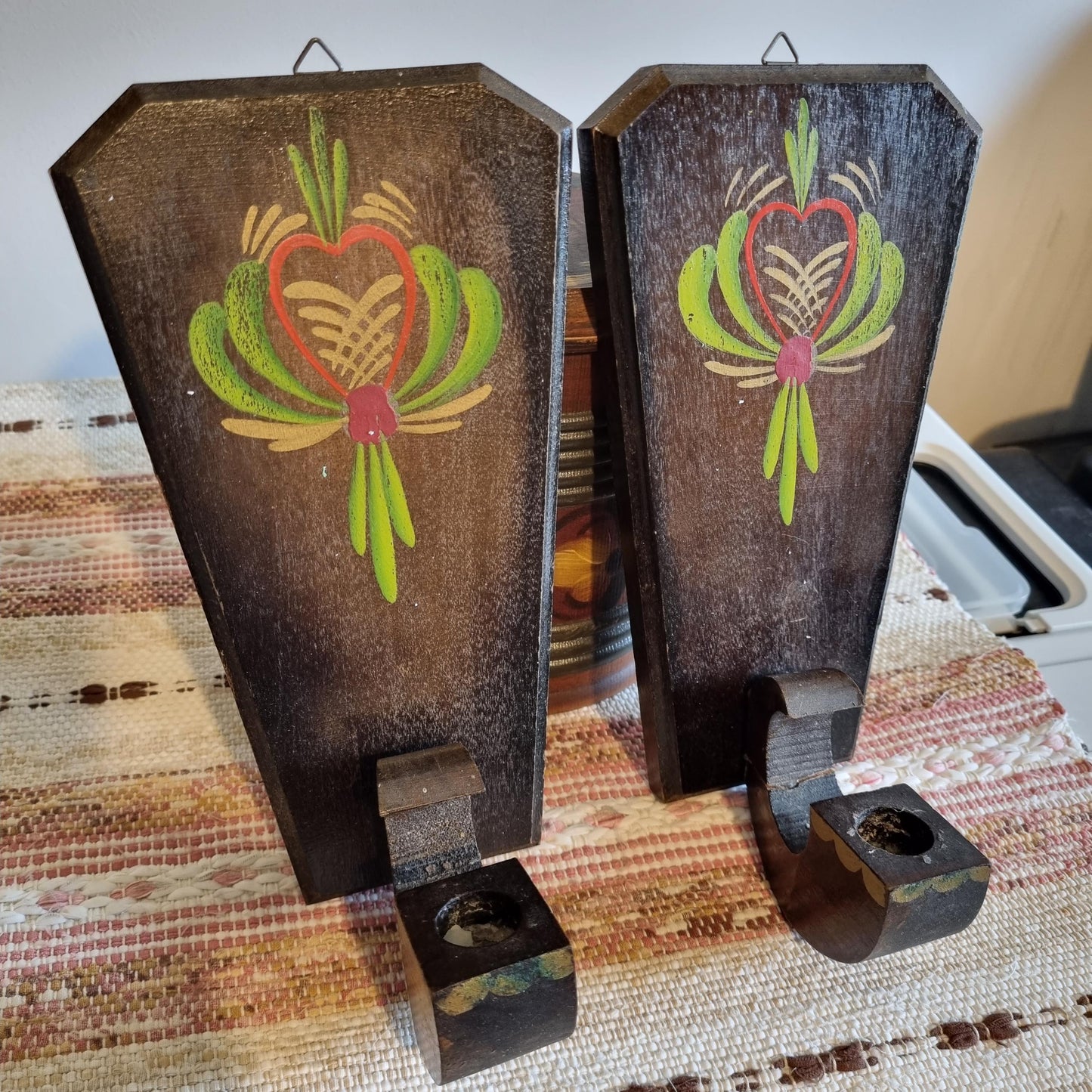 Vintage Hand-Painted Swedish Candle Sconces: Rustic Nordic Folk Art Pair