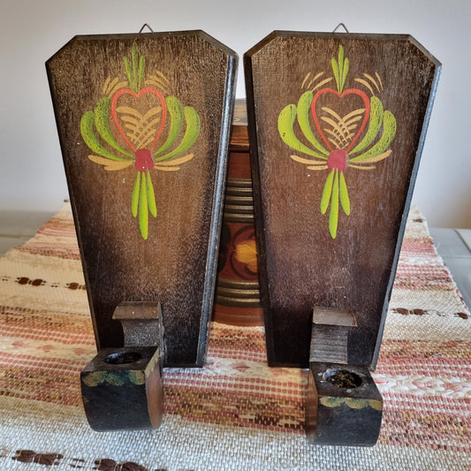 Vintage Hand-Painted Swedish Candle Sconces: Rustic Nordic Folk Art Pair