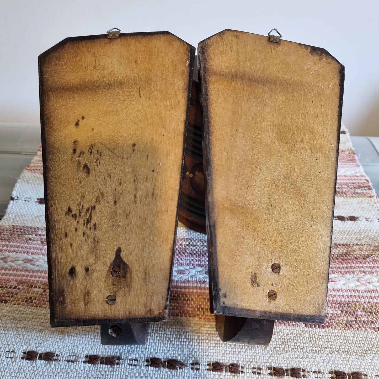 Vintage Hand-Painted Swedish Candle Sconces: Rustic Nordic Folk Art Pair