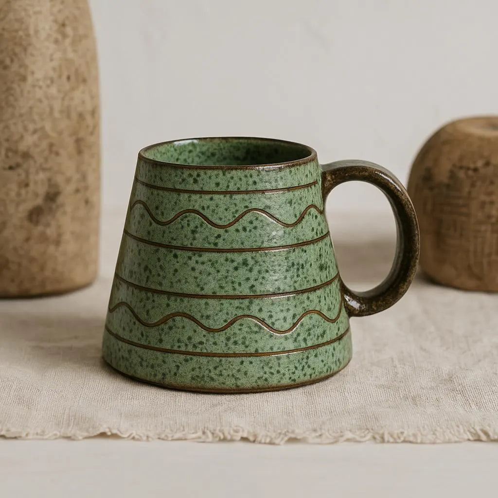 Krukmakeri Ystad Swedish Stoneware Mug – Speckled Green Glaze, Handmade with subtle wavy pattern and rounded handle.