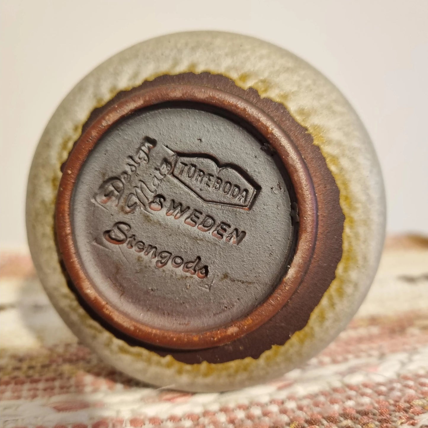 Bottom view of Toreboda Swedish Stoneware Vase – Handcrafted Stengods, Mid-Century with maker’s mark and textured glaze