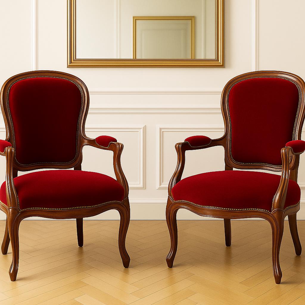 Vintage French Baroque Louis XV Armchairs – Rococo Revival Red Velvet Chairs