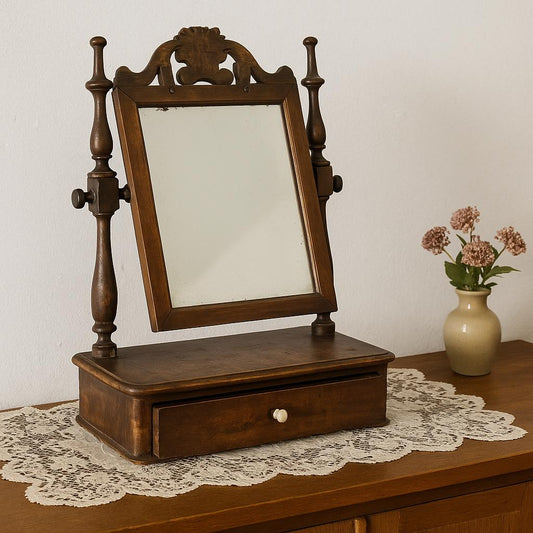 Antique Swedish Shaving Mirror: Turned Wood Swivel Stand & Drawer