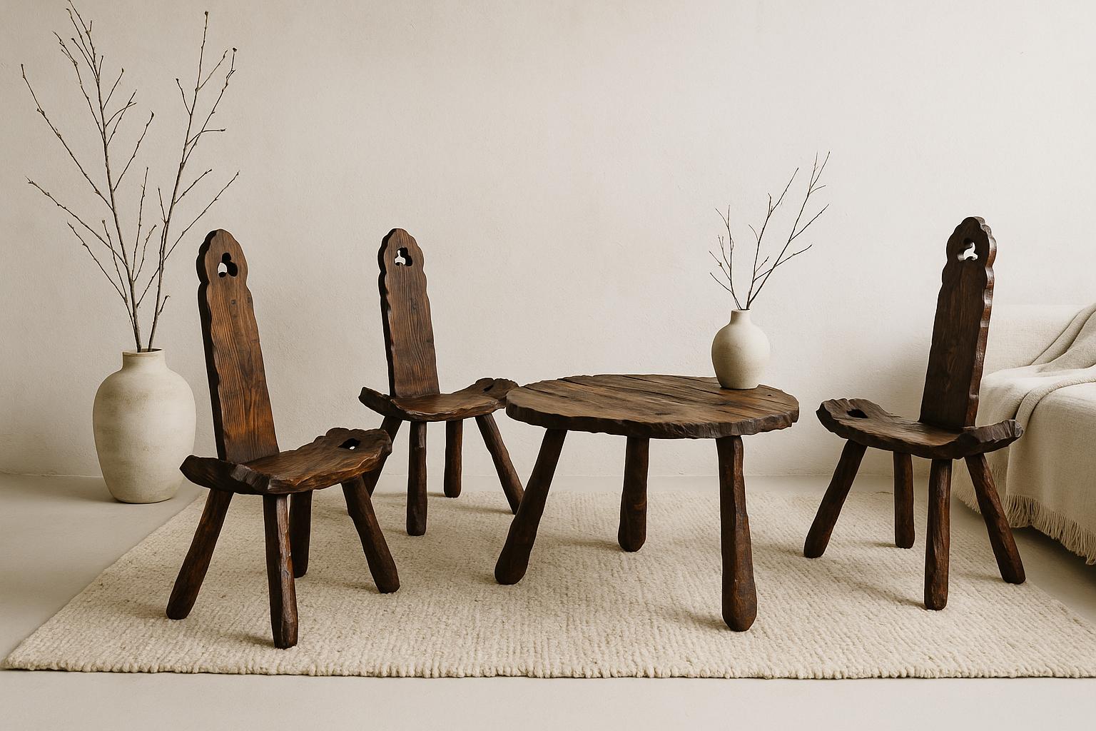 Rustic Wood Chair & Table - Sculptural Seating with a Folk Art Twist set on a textured rug with neutral decor