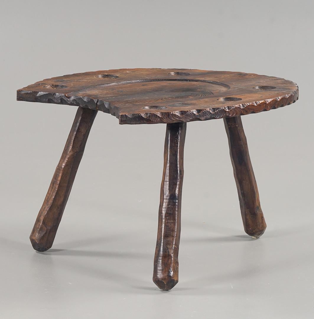 Rustic Wood Chair & Table - Sculptural Seating with a Folk Art Twist handcrafted wooden stool with uneven legs and natural finish