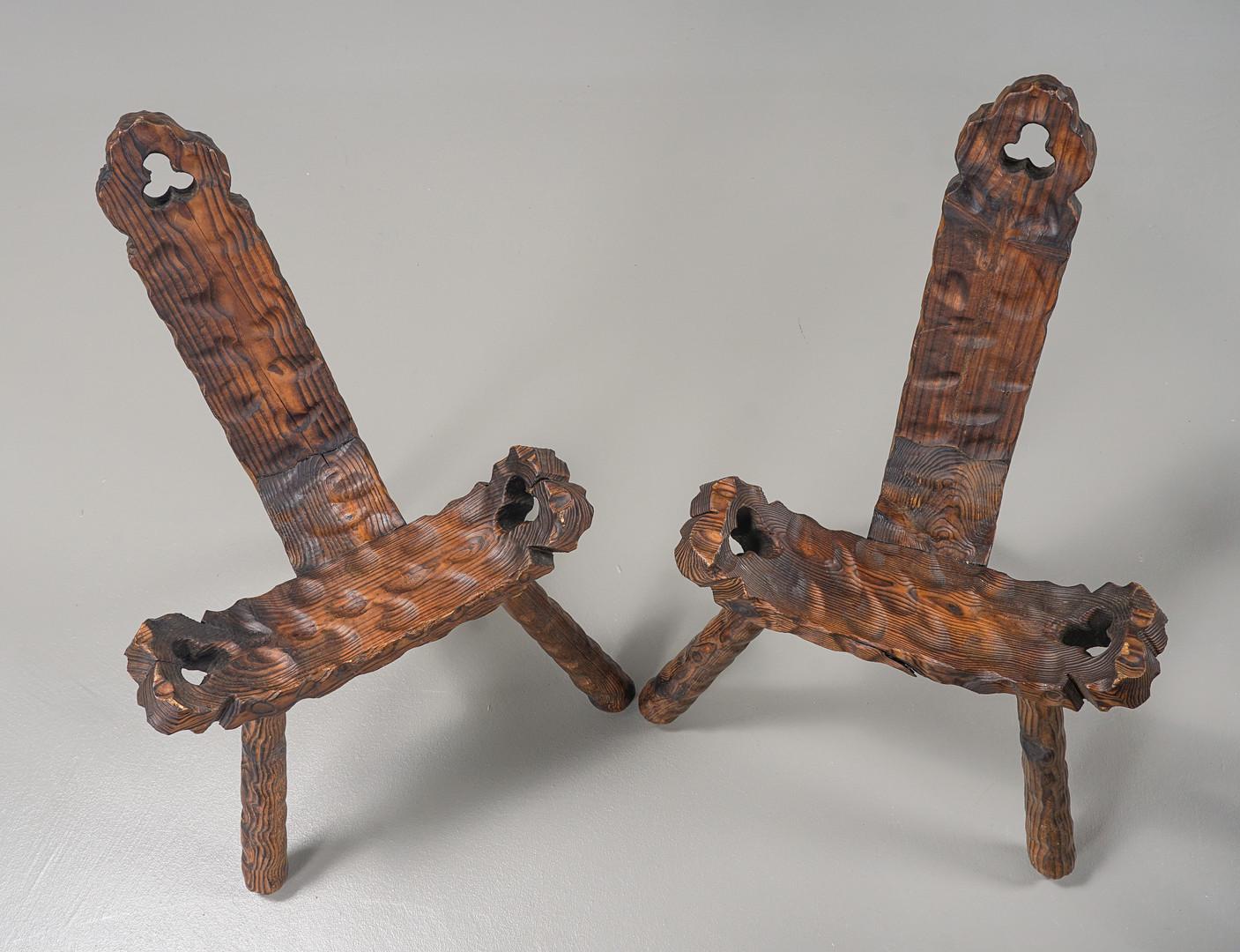 Pair of rustic carved wood chairs with sculptural folk art design, Rustic Wood Chair & Table - Sculptural Seating with a Folk Art Twist