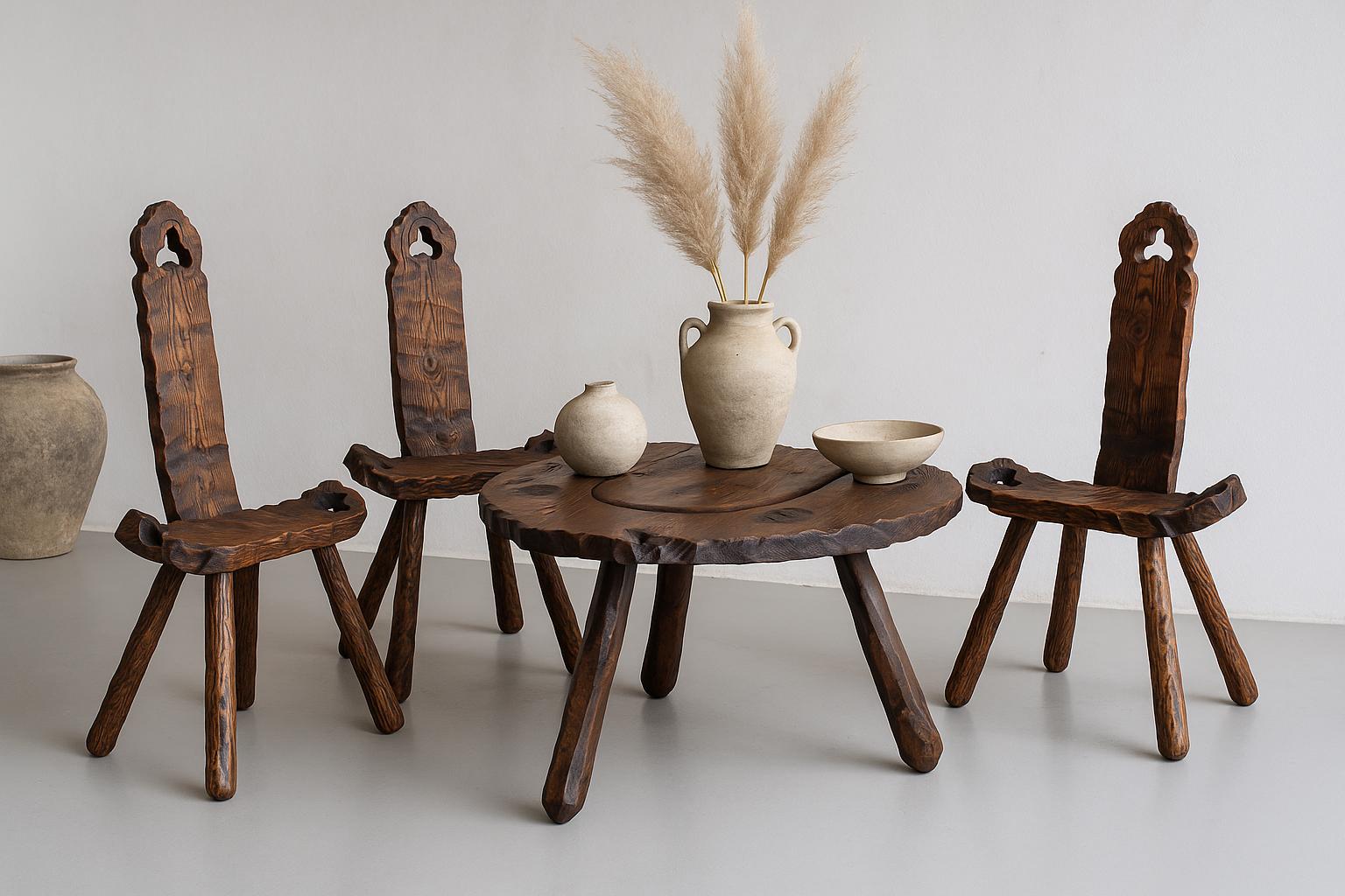 Rustic Wood Chair & Table - Sculptural Seating with a Folk Art Twist featuring vintage wooden table and chairs with decorative pottery centerpiece