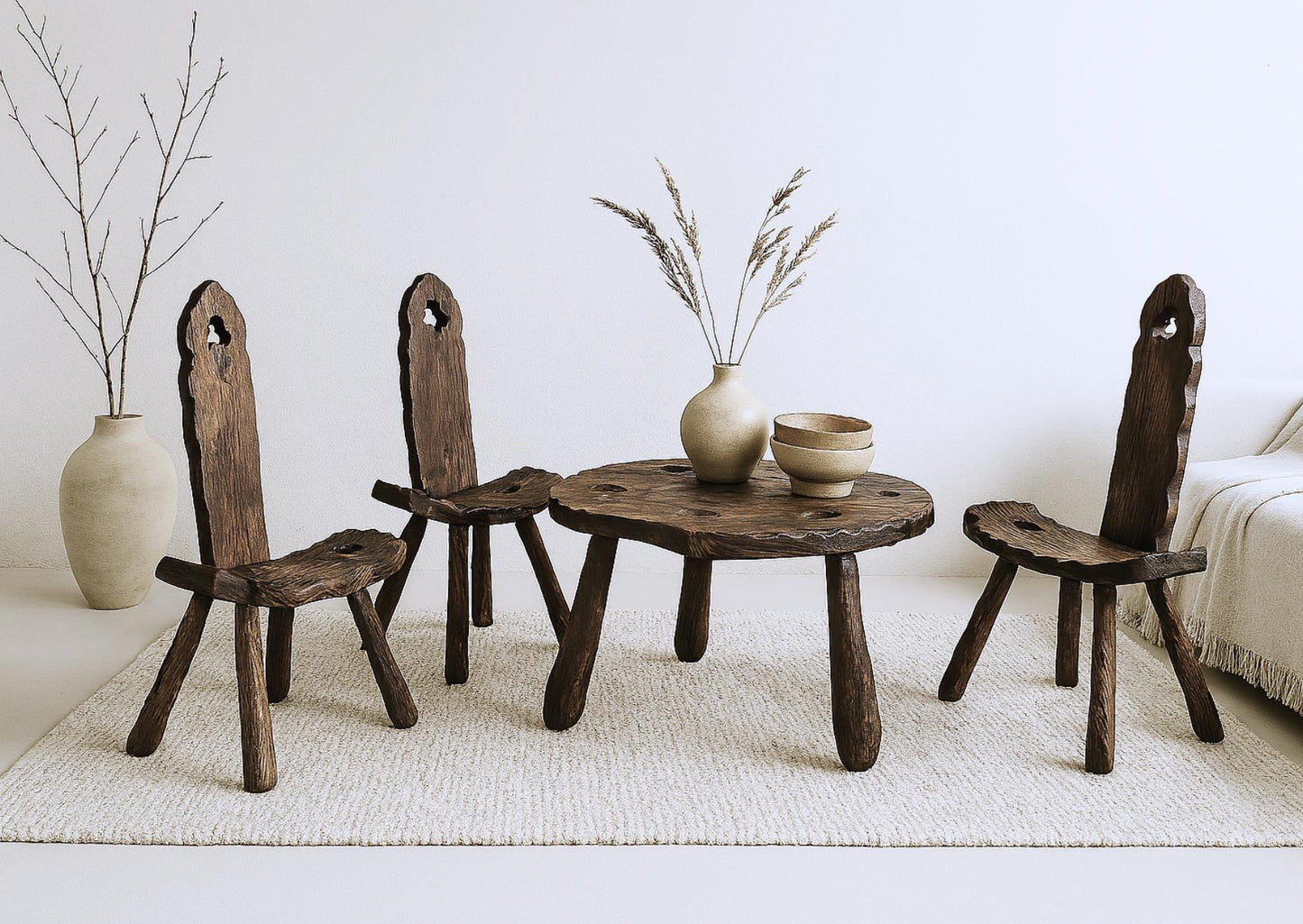 Rustic Wood Chair & Table - Sculptural Seating with a Folk Art Twist showing handcrafted wooden furniture in neutral decor setting