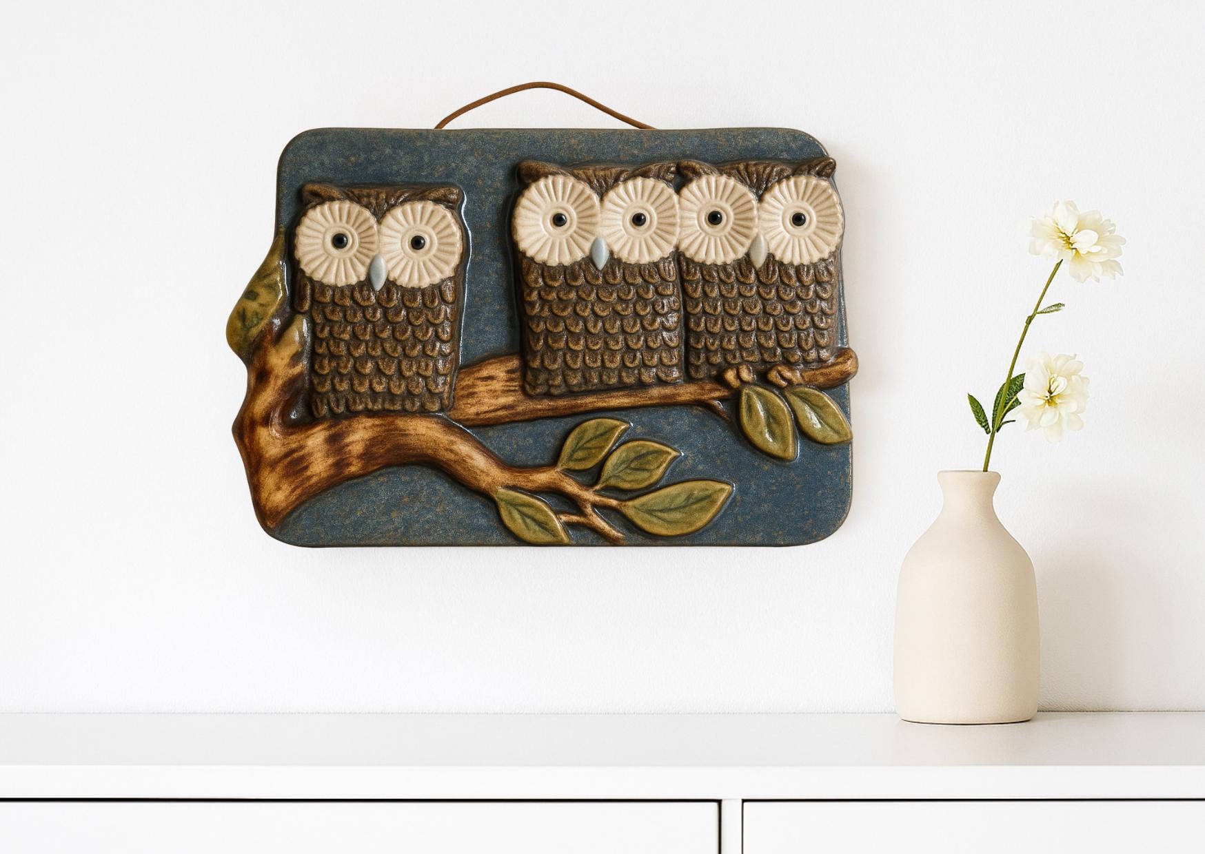 Vintage ceramic Three Wise Owls Wall Plaque – Willy Fischer for EGO Sweden – 1970s Scandinavian Stoneware Art Amazing Vintage wall plaque displayed on white wall