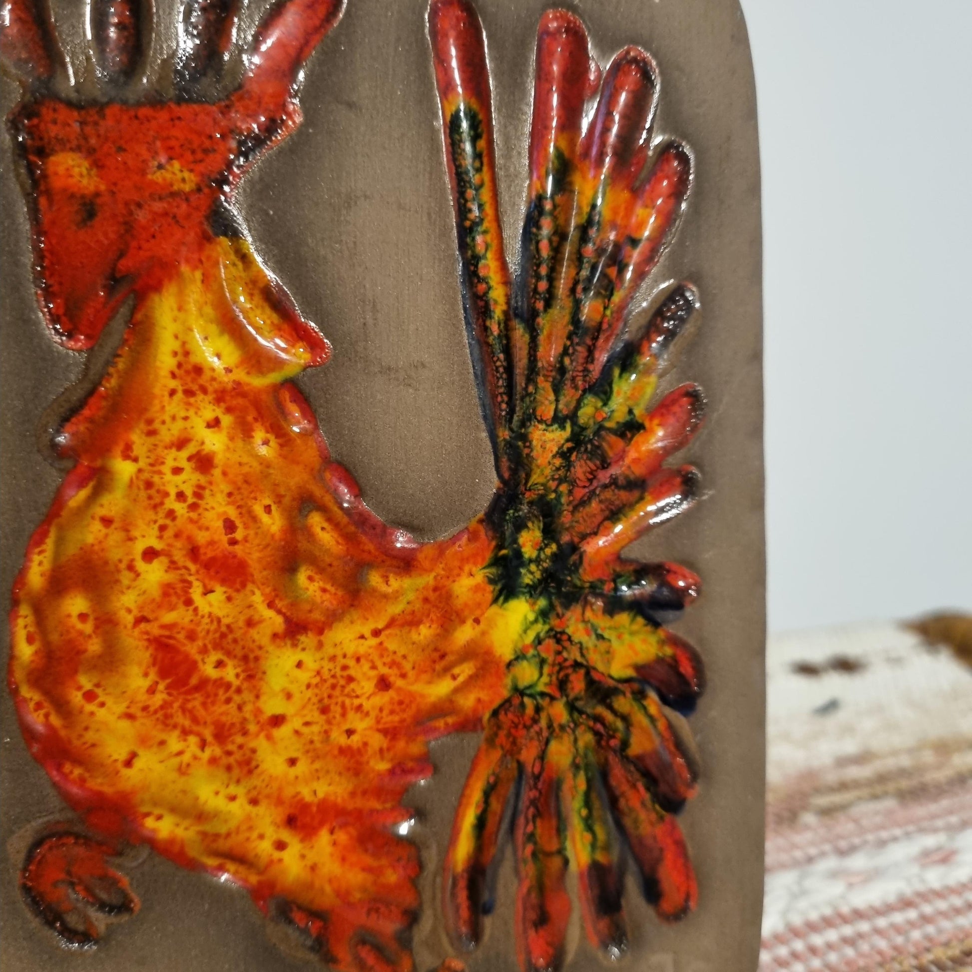 Vintage Swedish Ceramic Wall Plaque: Hälsingborg Deco Fiery Rooster, 1960s Scandinavian Pottery with vivid orange and red glaze.