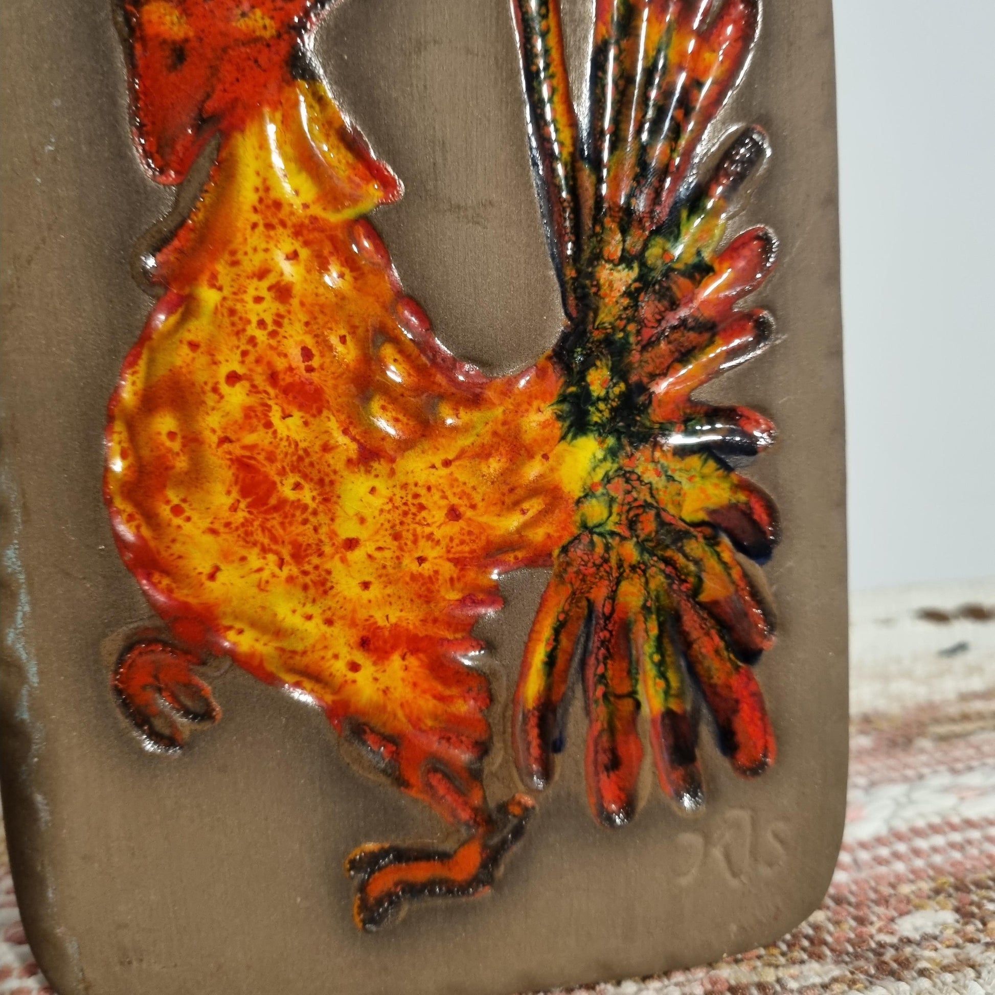 Vintage Swedish Ceramic Wall Plaque: Hälsingborg Deco Fiery Rooster, 1960s Scandinavian Pottery with vibrant orange and red detailing.