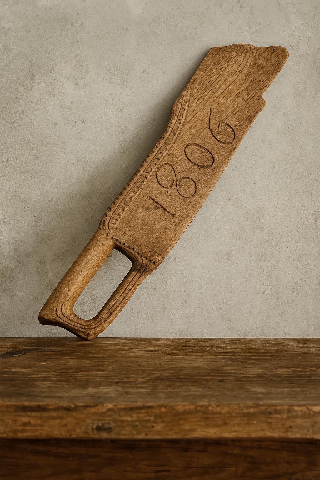 Antique Hand-Carved Butter Paddle: 1806 Scandinavian Folk Art Decor with carved date and intricate wooden details.