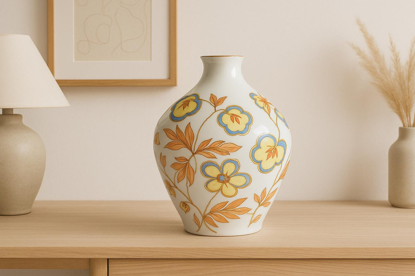 Leltmann Weiden Bavarian Porcelain Vase – Hand-Painted Floral, 1959 with vintage floral design on wood dresser.