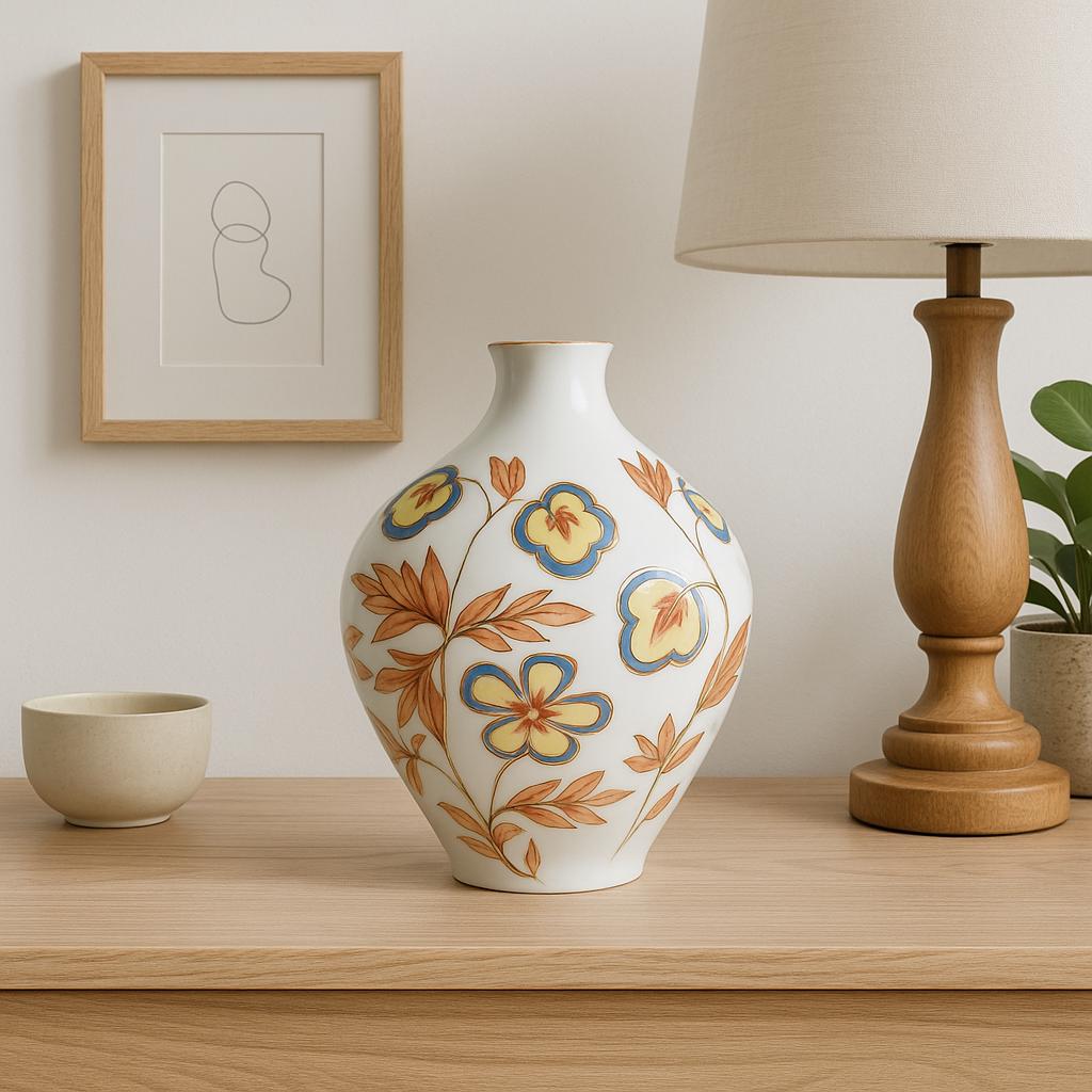 Leltmann Weiden Bavarian Porcelain Vase – Hand-Painted Floral, 1959 displayed on wooden table with lamp and artwork.