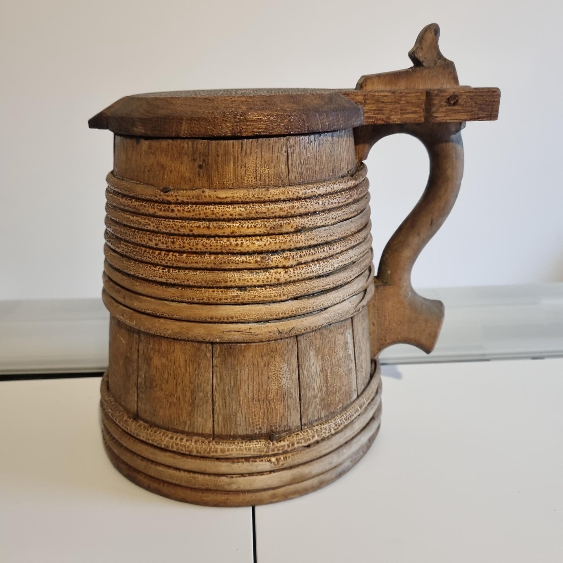 Antique Swedish Wooden Stånka: 19th Century Folk Art Dairy Jug with carved handle and textured bands