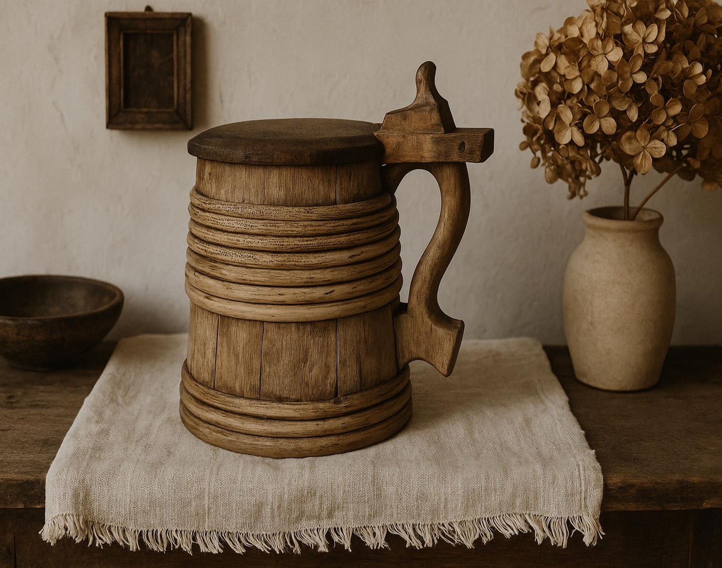 Antique Swedish Wooden Stånka: 19th Century Folk Art Dairy Jug displayed on linen cloth with rustic decor background