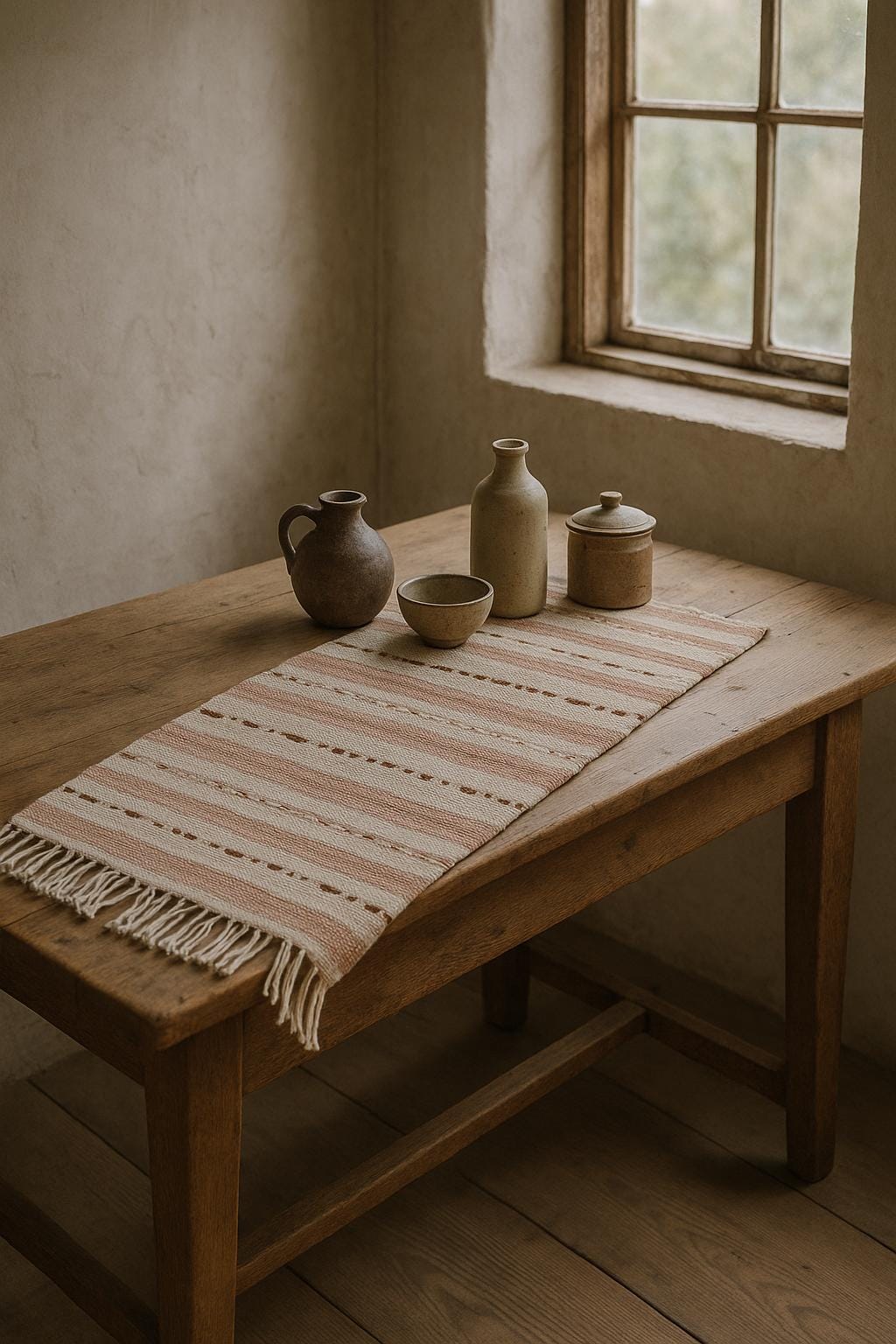 Handwoven Swedish Table Runner: Scandi Boho Pastel Decor Rug on wooden table with rustic pottery by window light